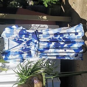 Blue and White Abstract Print Dress - XL By OUGES